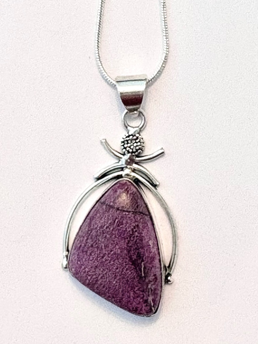 Beautiful, 1 1/2 inch, 925 marked, Purpurite, pendant on a silver chain.